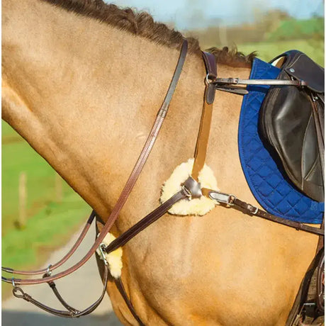 Brown leather mackey classic 5-point breastplate with silver hardware and soft white fleece padding for equestrian use