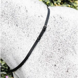 Black leather mackey classic leather neck strap with silver buckle and multiple adjustment holes for secure fit