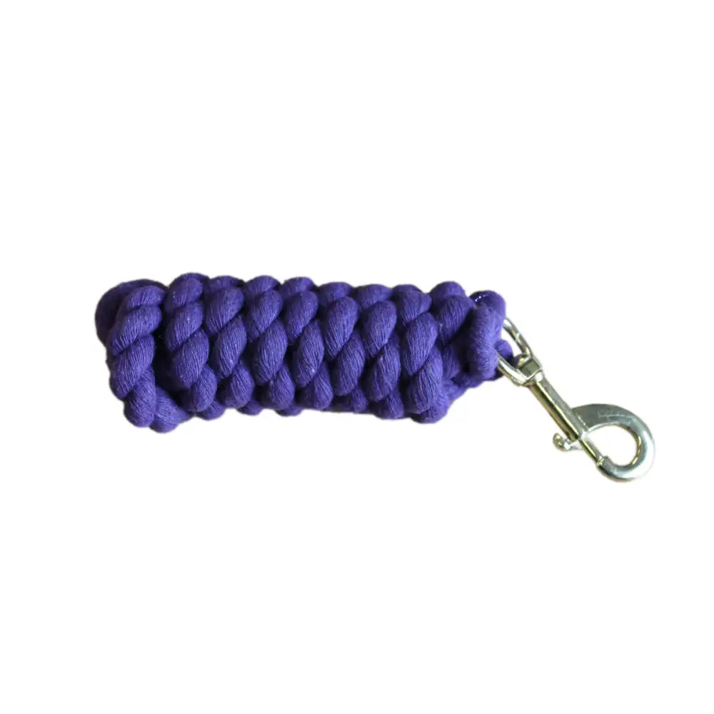 Purple braided mackey economy cotton leadrope with silver metal hook for easy horse handling and control