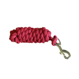 A vibrant red mackey economy cotton leadrope with tight braids and a sturdy silver metal clip for easy use