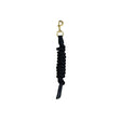 Black coiled rope mackey lasso leadrope with gold metal clip and black leather end for horse leading