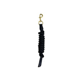 Black coiled rope mackey lasso leadrope with gold metal clip and black leather end for horse leading