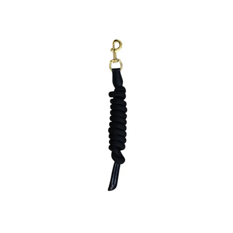 Black coiled rope mackey lasso leadrope with gold metal clip and black leather end for horse leading