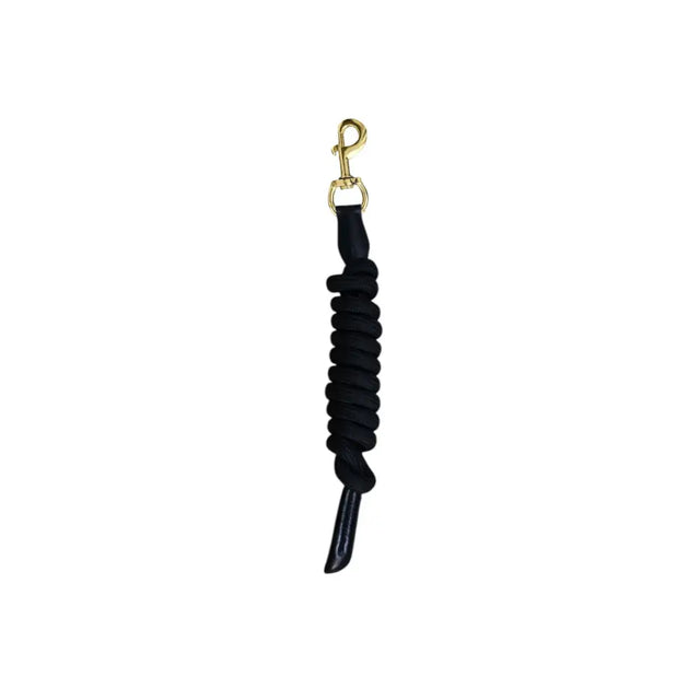 Black coiled rope mackey lasso leadrope with gold metal clip and black leather end for horse leading