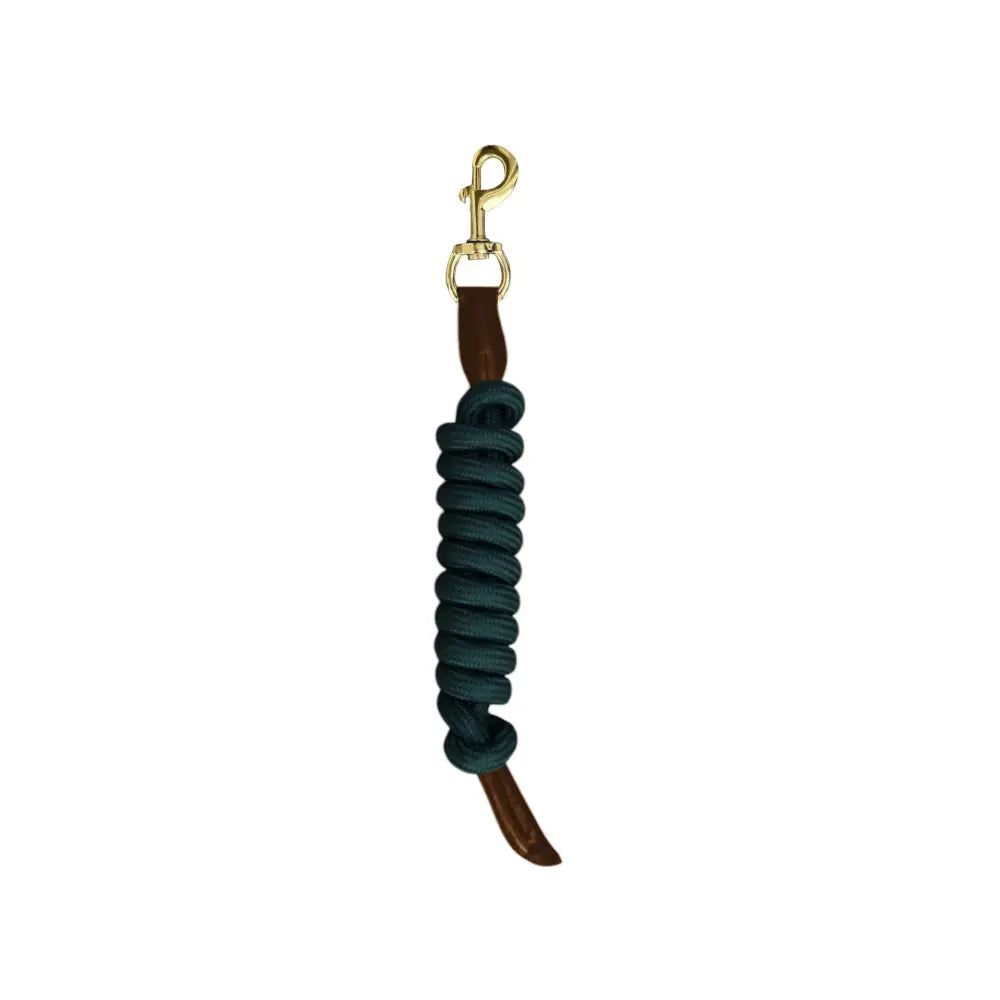 Dark teal braided mackey lasso leadrope with brass snap hook and brown leather ends for durable use
