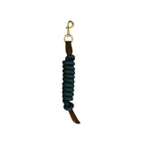 Dark teal braided mackey lasso leadrope with brass snap hook and brown leather ends for durable use