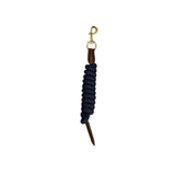 Navy blue braided rope mackey lasso leadrope with brass hardware and brown leather accents for durable use