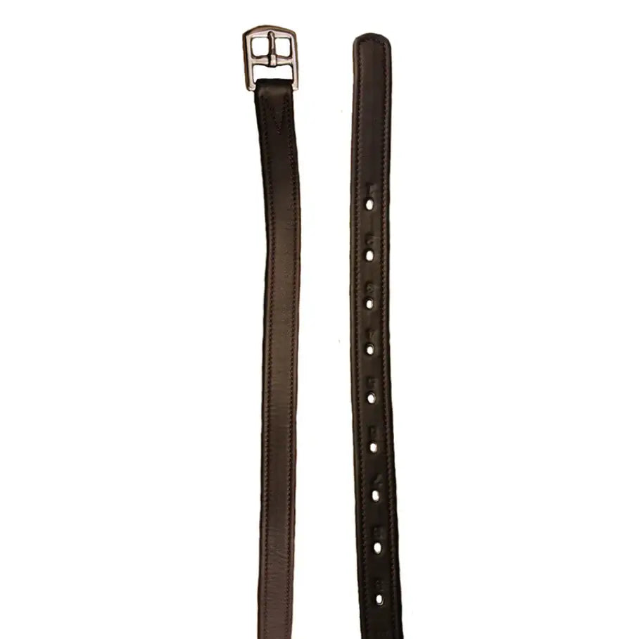 Black leather mackey legends stirrup belt with silver buckle and evenly spaced holes for adjustable fit