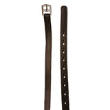 Black leather mackey legends stirrup belt with silver buckle and evenly spaced holes for adjustable fit