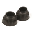 Black rubber mackey pull-on overreach boots with ribbed texture for horses as durable equestrian overreach boots
