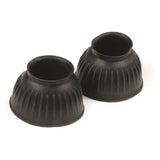 Black rubber mackey pull-on overreach boots with ribbed texture for horses as durable equestrian overreach boots