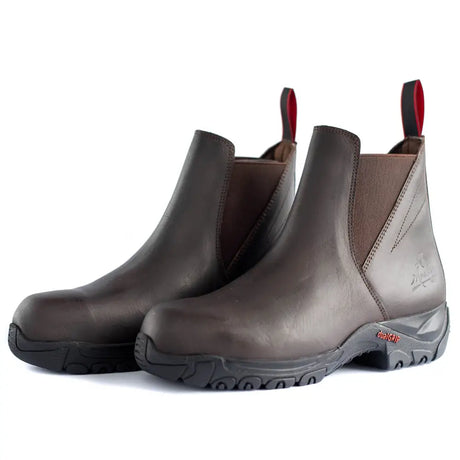 Dark brown grain leather mackey safety boots with red pull tabs and rugged black rubber sole for tough work days