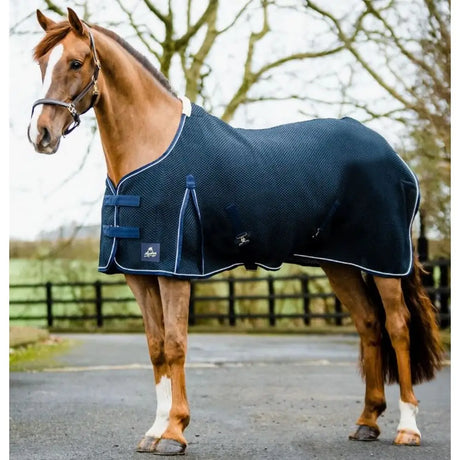 Navy blue textured shannon air cooler horse rug with white trim and adjustable straps for cooling horses