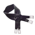 Black leather mackey shaped waffle girth with silver buckles and central d-ring for secure saddle fit
