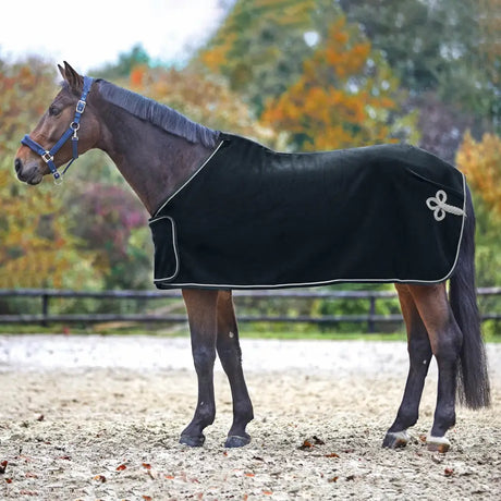 Black velvet mackey sponsor fleece rug with white trim and decorative fillet string bow on the side