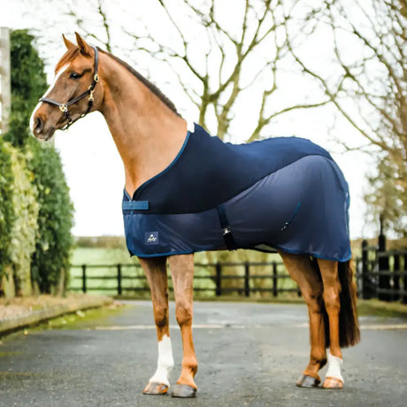 Navy blue mackey tara hybrid cooler horse blanket with black straps and logo patch for cooling and comfort