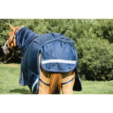 Navy blue wicklow turnout heavy 350g combo horse blanket with white reflective strip and adjustable detachable neck piece straps
