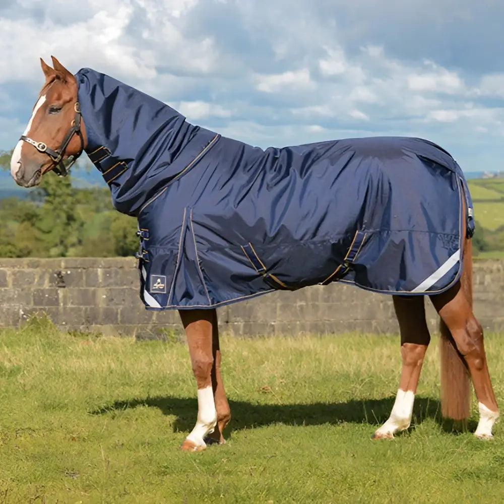 Navy blue wicklow turnout heavy 350g combo waterproof horse blanket with reflective stripes and adjustable detachable neck piece