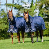 Navy blue wicklow turnout heavy 350g combo horse blankets with reflective stripes and buckle closures and detachable neck piece