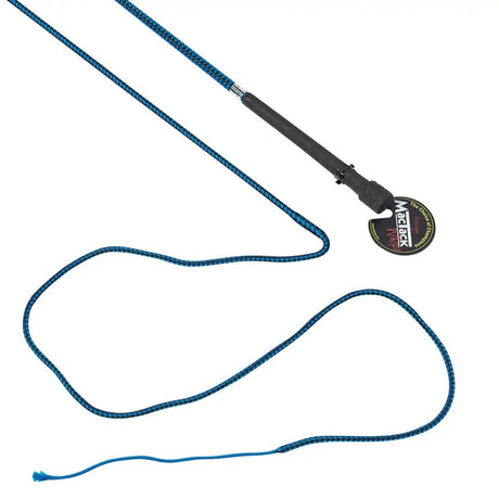Blue braided mactack dealer whip r417 with black handle two-tone diamond fabric and circular maclock brand tag