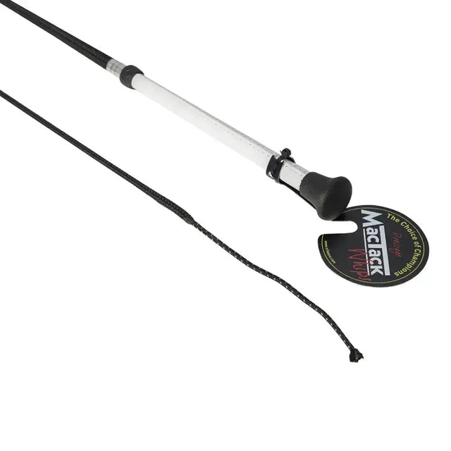 Black and silver mactack dressage whip cw26 with textured grip braided cord and black mushroom cap handle