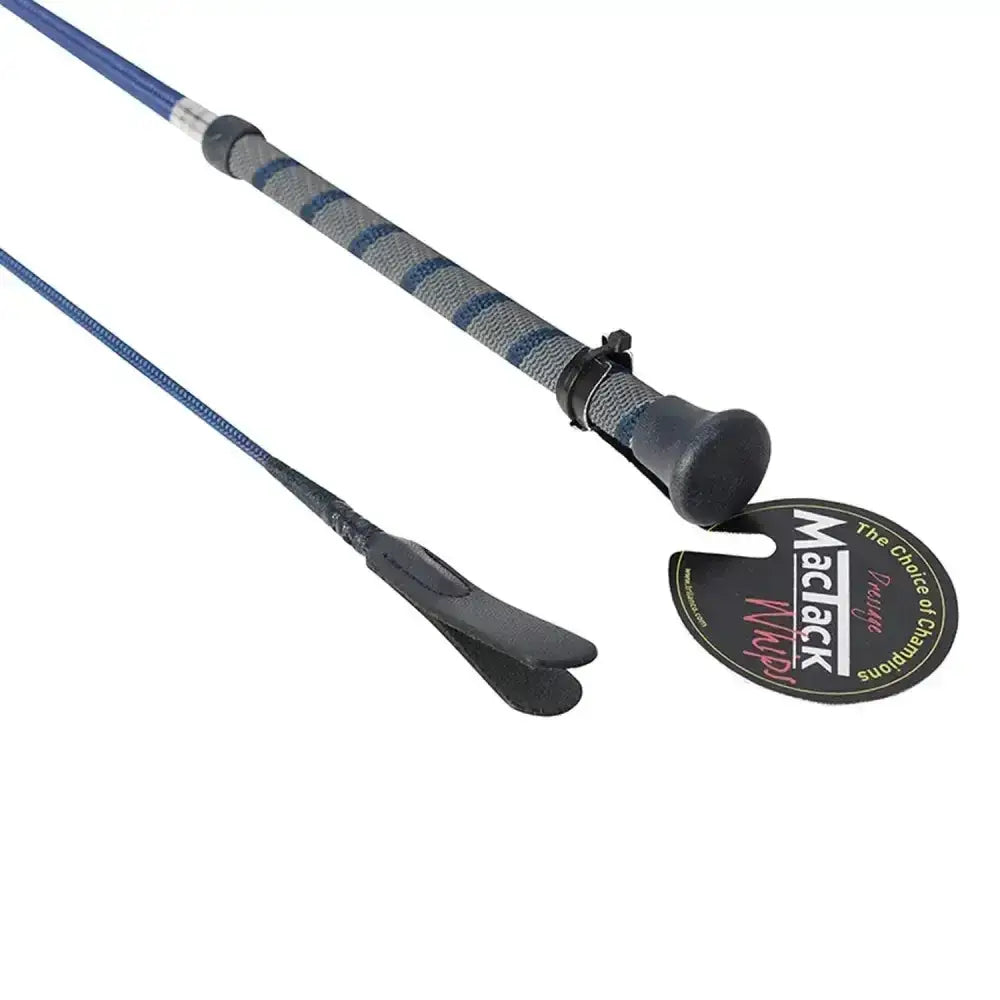 Mactack dressage whip cw37k with blue easy-grip twisted rubber handle gray textured grip and black leather ends