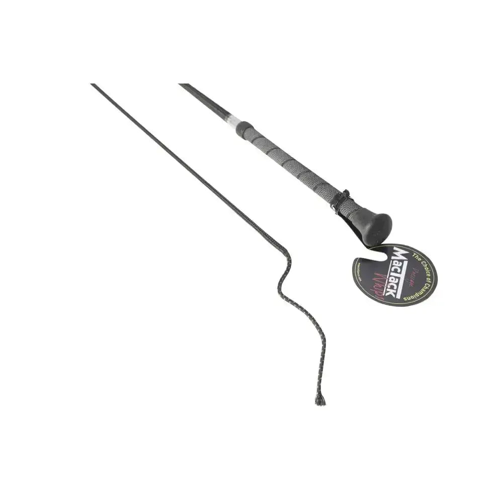 Black leather mactack dressage whip with twisted easy grip handle and branded tag for precise riding control