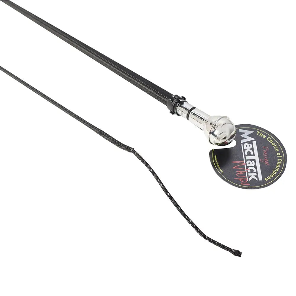 Black leather mactack dressage whip s209 with shiny chrome bell and brand tag for precision riding use