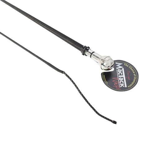 Black leather mactack dressage whip s209 with shiny chrome bell and brand tag for precision riding use