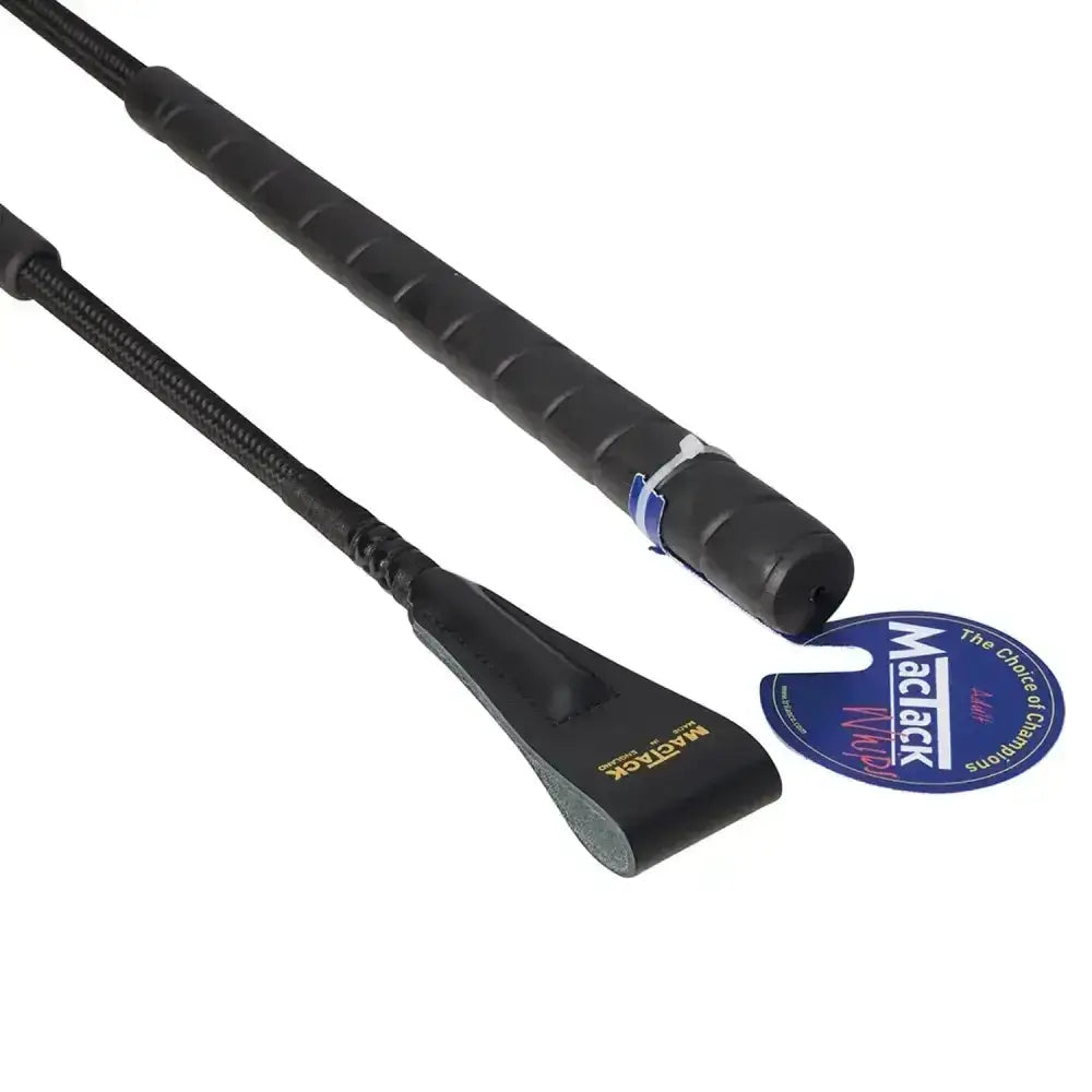 Black mactack jumping whip s49 with braided handle and textured grip designed for jumping and long rubber golf use