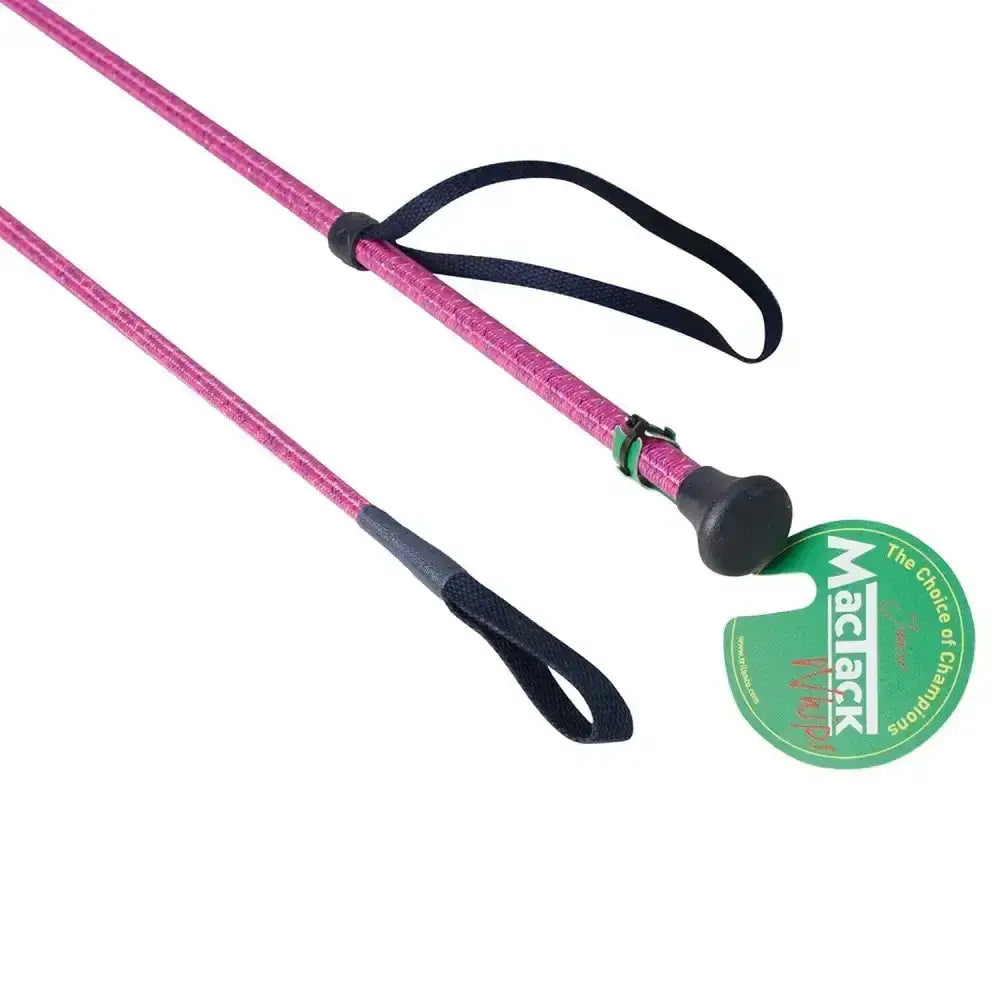 Pink coloured sparkle braided junior riding whip cw78 with black grip and green mactack brand tag