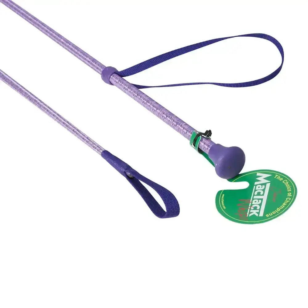 Purple mactack junior riding whip cw78 with coloured sparkle braided grip and matching purple handle strap