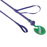 Purple mactack junior riding whip cw78 with coloured sparkle braided design and textured grip with green brand tag
