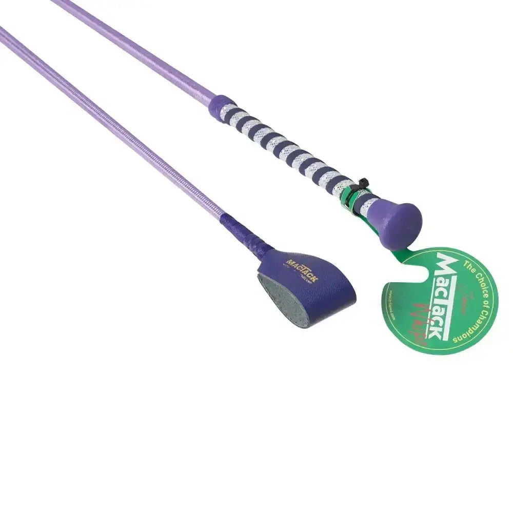 Purple and black striped mactack junior riding whip with glitter handle and blue grip end for riding use