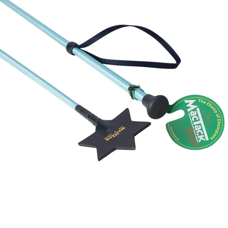 Light blue and black mactack junior riding whip with star keeper cw67 and green maclack tag on the handle