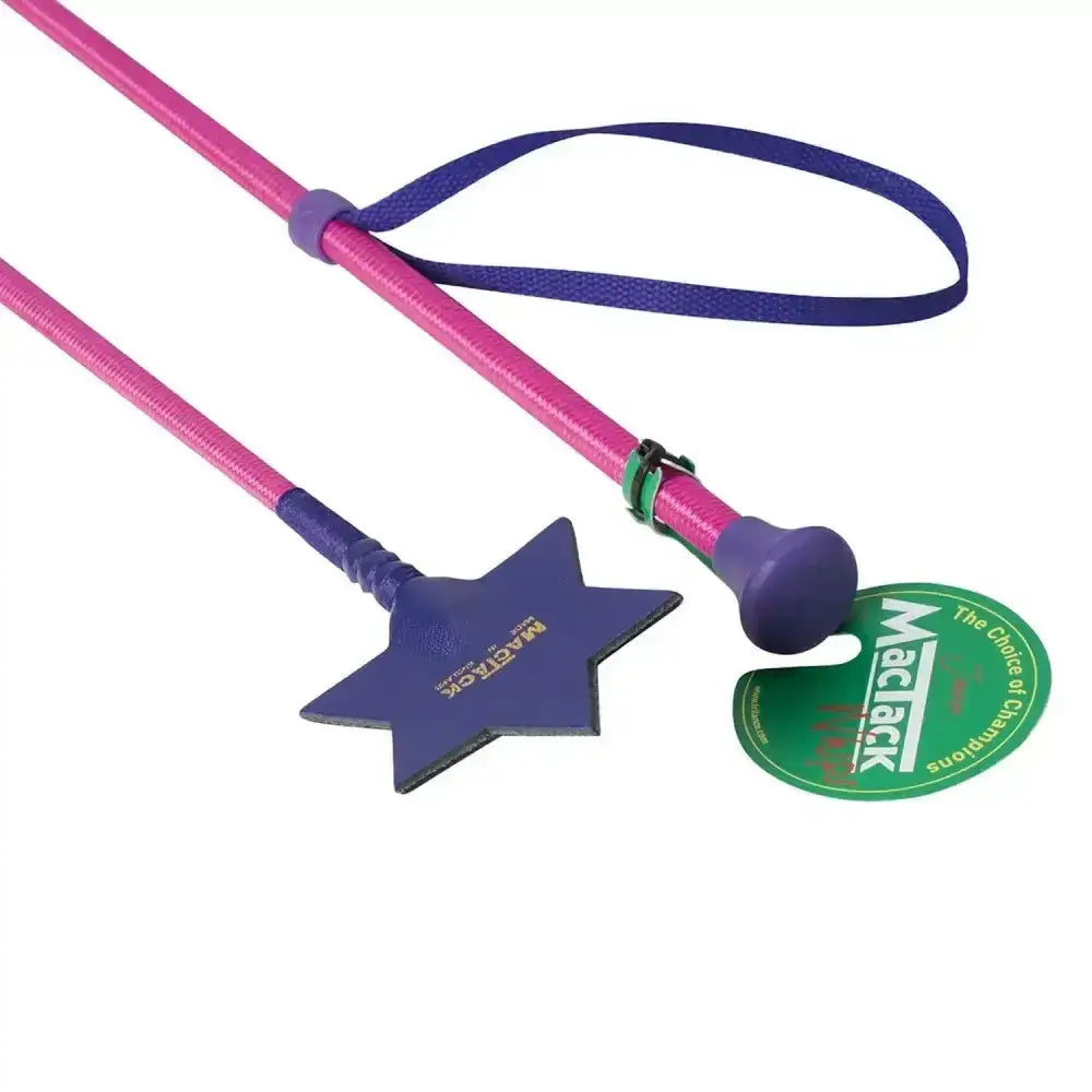 Pink and purple star keeper cw67 riding whip with textured grip and mactack logo on handle and head