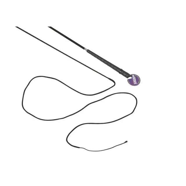 Black mactack lunge whip r442 with textured grip and purple circular brand tag on handle end