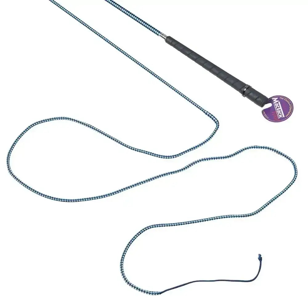 Black-handled mactack lunge whip r443 with a braided dark gray and black cord for precision training
