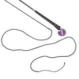 Black leather-handled mactack lunge whip r443 with braided black and white cord and cerise purple diamond detail