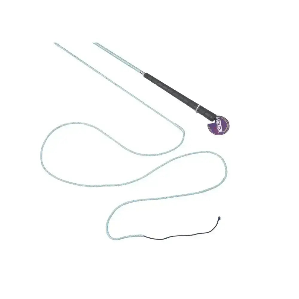 Black-handled mactack lunge whip r448 with silver metal shaft and purple end cap branded maddox blue sparkle braided