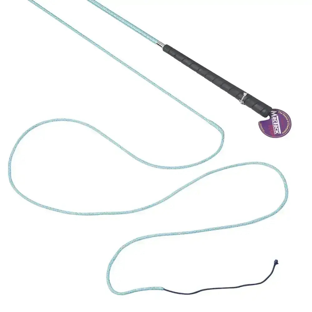 A light blue and black mactack lunge whip r448 with a textured grip and magicrack label featuring blue sparkle braided design