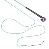 A light blue and black mactack lunge whip r448 with a textured grip and magicrack label featuring blue sparkle braided design