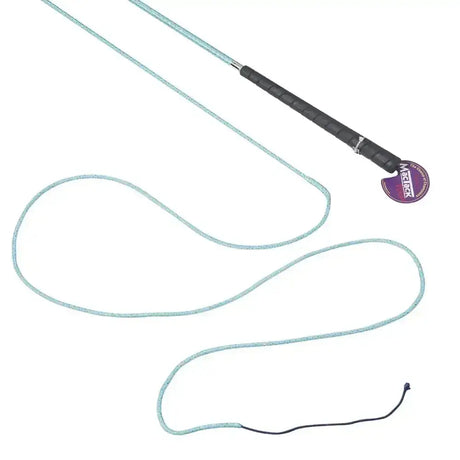 A light blue and black mactack lunge whip r448 with a textured grip and magicrack label featuring blue sparkle braided design