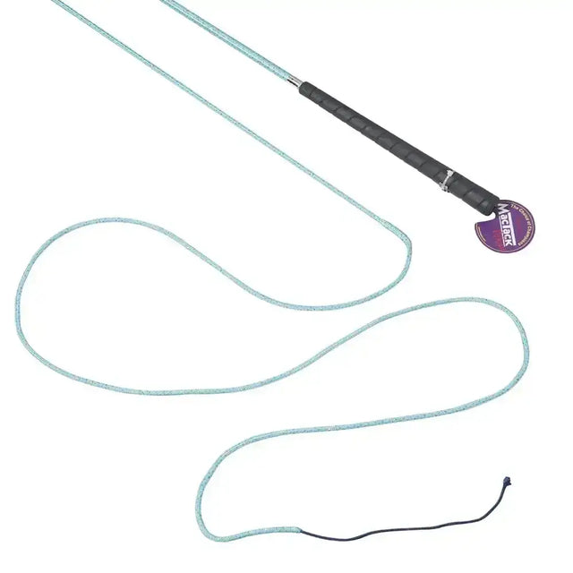 A light blue and black mactack lunge whip r448 with a textured grip and magicrack label featuring blue sparkle braided design