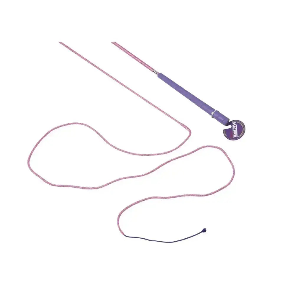 Purple-handled mactack lunge whip r448 with metallic tip and pinkish braided rope, not blue sparkle braided version