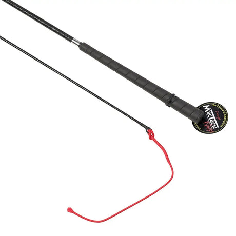 Black leather mactack piaffe whip s25 with red cord and circular label on easy-grip rubber handle