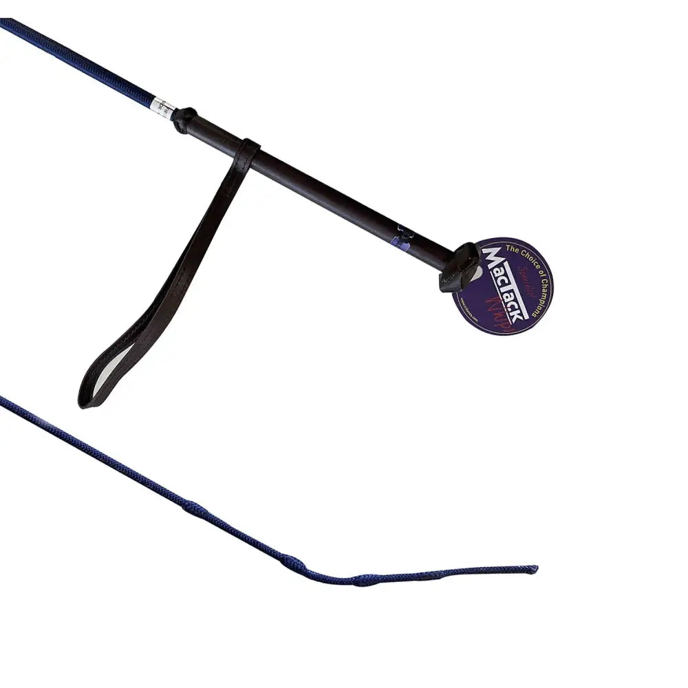 Black macback mactack polo whip r312 with navy braided stock handle and matching strap for horse riding