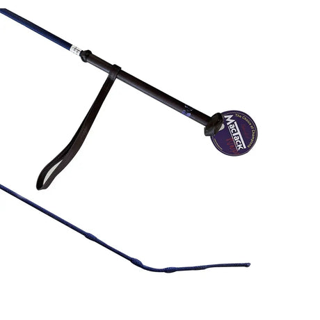Black macback mactack polo whip r312 with navy braided stock handle and matching strap for horse riding