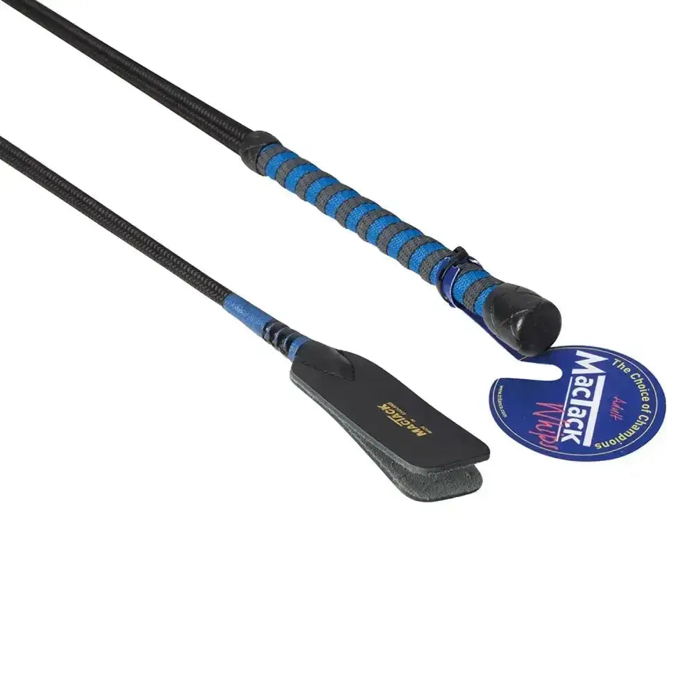 Blue and black striped mactack riding whip with leather grip shown with keeper s55 for horseback riding use