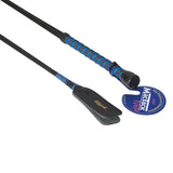 Blue and black striped mactack riding whip with leather grip shown with keeper s55 for horseback riding use